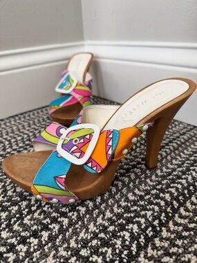 Nine West Multicolor Printed Buckle Mules - Blue, Orange, Pink, Green, Purple